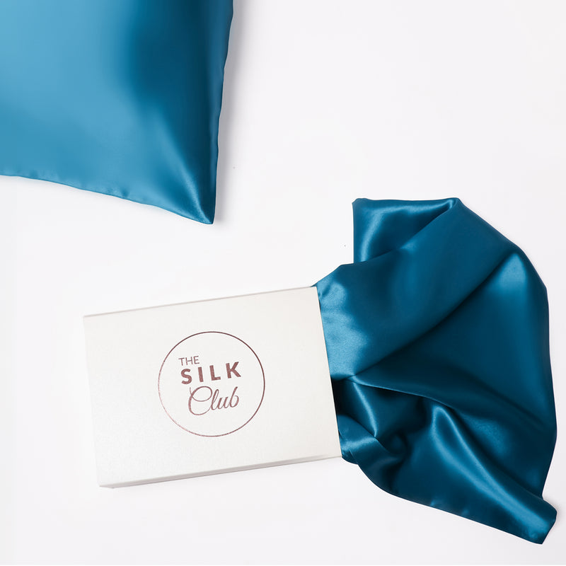 The Silk Club Azure Blue Silk Pillowcase Close-Up