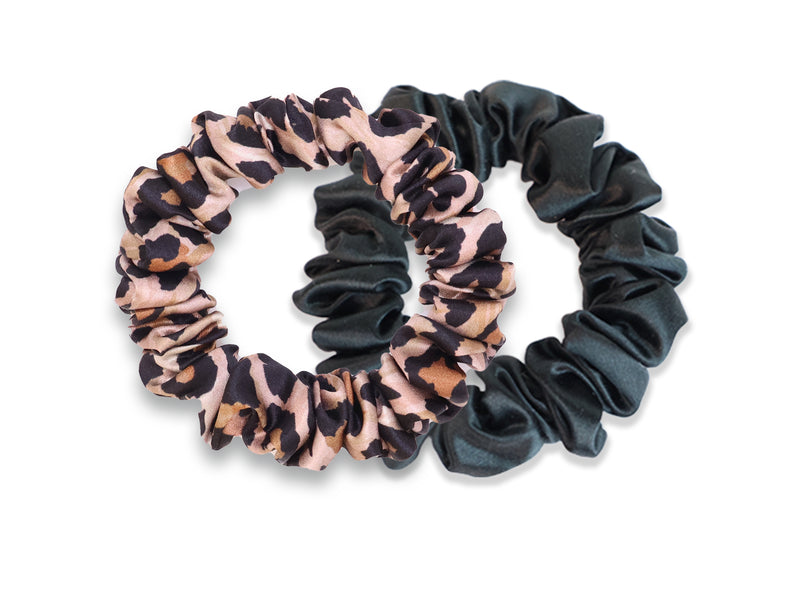 Pair of small silk scrunchies in black and leopard print