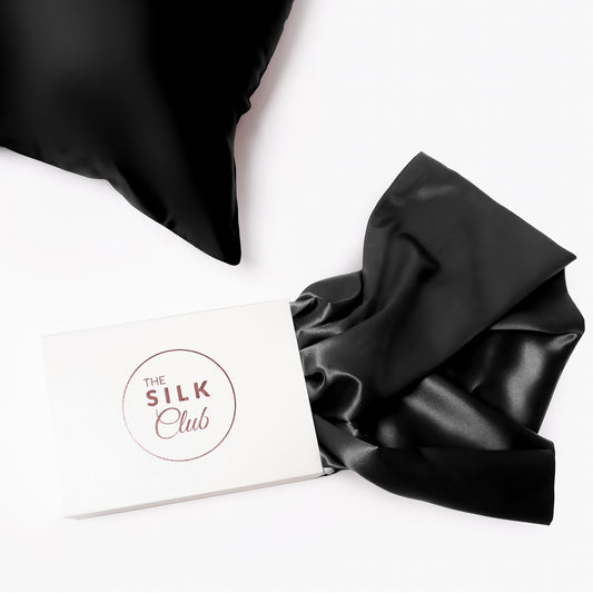 The Silk Club Black Silk Pillow and Gift Box Close-Up