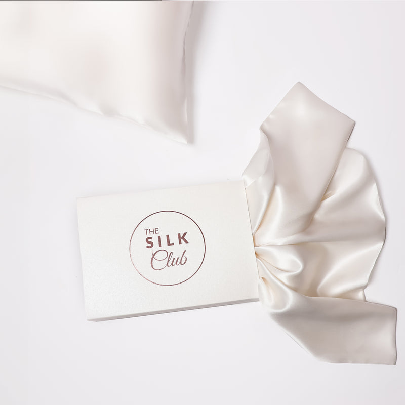 The Silk Club Cream Silk Pillow and Gift Box Close-Up