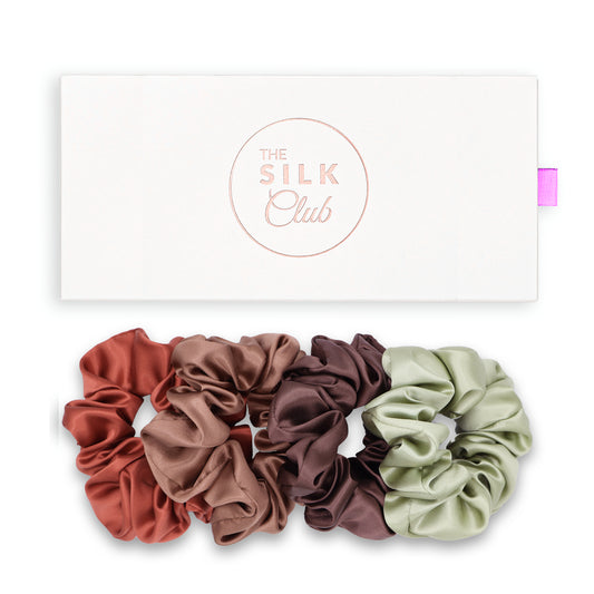 Burnt Orange, Toffee, Chocolate Brown and Olive Green Silk Scrunchie Gift Set with Gift Box