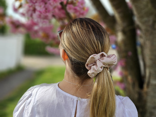 Large Pink Silk Scrunchie Hairstyle in Spring - Low Ponytail With Cherry Blossom Trees