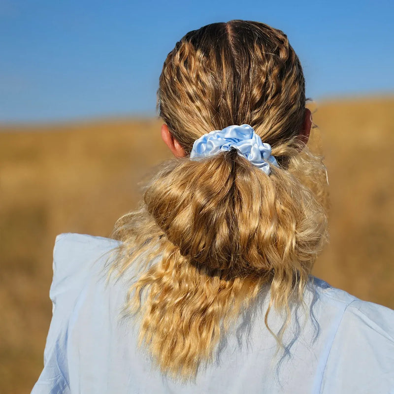 Light Pastel Blue Silk Scrunchie Styled in Long Hair