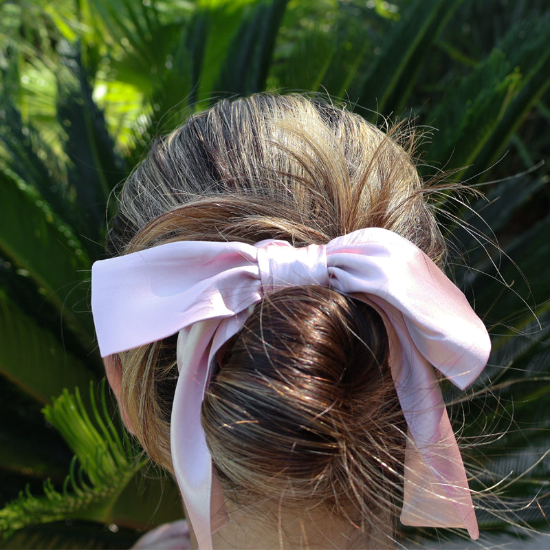 Messy Bun Styled With a Pink Silk Hair Bow Scrunchie - Scrunchie Hairstyle Ideas