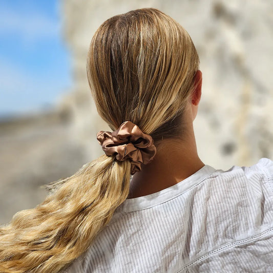 Toffee Bronze Silk Scrunchie Styled in a Ponytail
