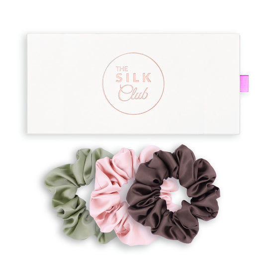 Olive Green, Pink and Brown Silk Scrunchie Gift Set with Gift Box