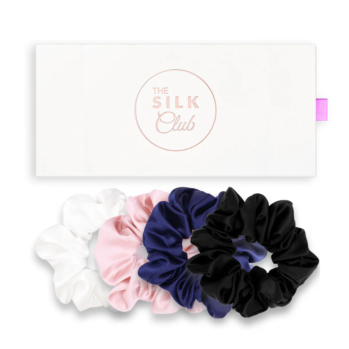 Silk Scrunchie Gift Set with white, pink, navy & black scrunchies
