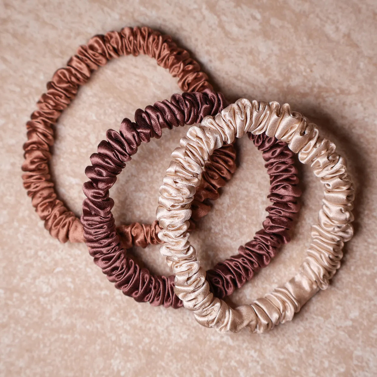 Set of champagne, chocolate brown and toffee bronze silk hair ties