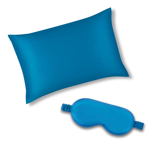 Azure Blue Silk Pillowcase & Eye Mask Gift Set Bundle