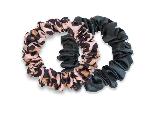 Pair of small silk scrunchies in black and leopard print