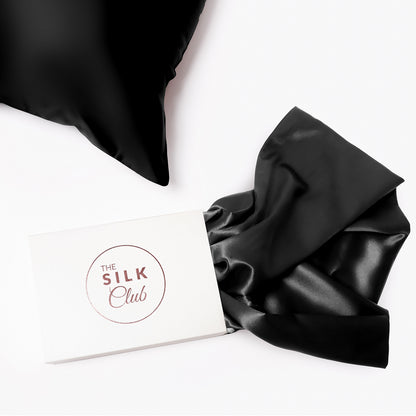 The Silk Club Black Silk Pillow and Gift Box Close-Up