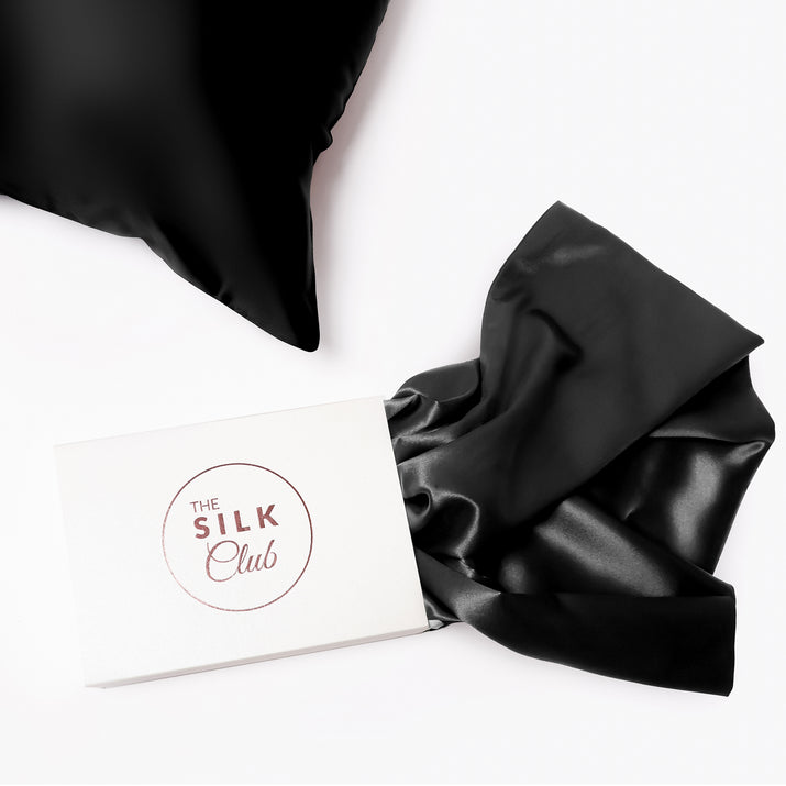 The Silk Club Black Silk Pillow and Gift Box Close-Up