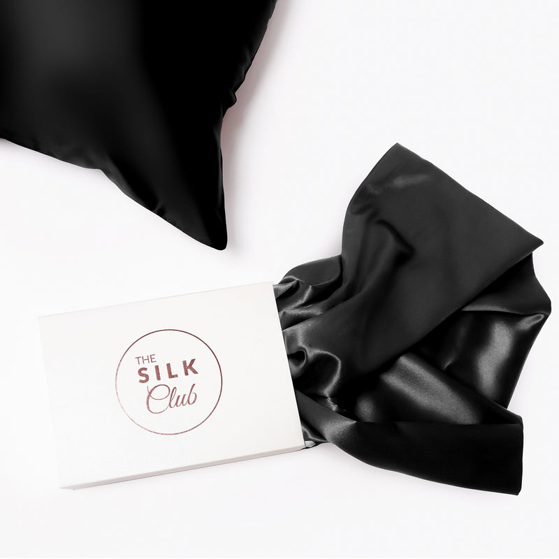 The Silk Club Black Silk Pillow and Gift Box Close-Up
