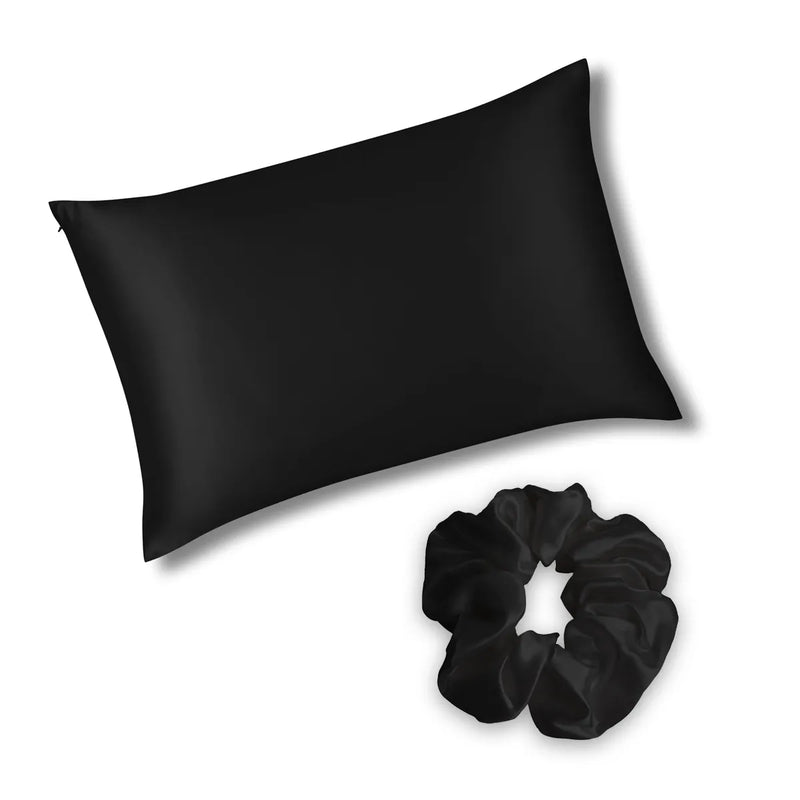 Black Silk Pillowcase & Scrunchie Gift Set Bundle