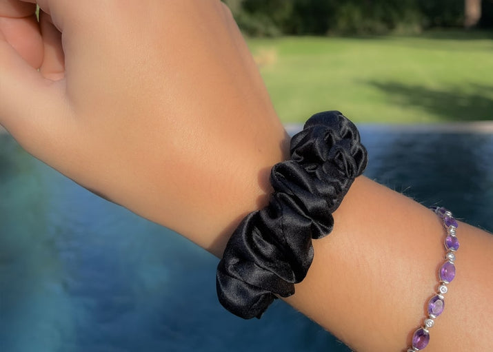 Black Small Silk Scrunchie On Model's Wrist - Small Silk Scrunchies