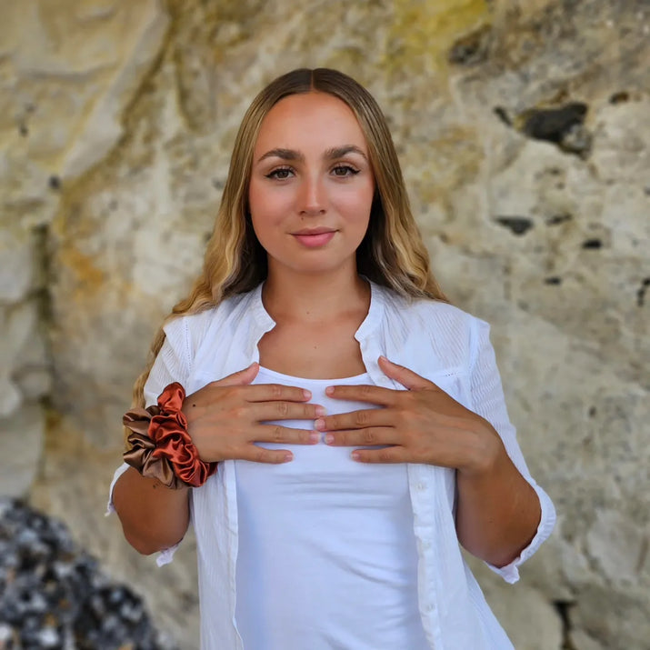 Toffee & Burnt Orange Scrunchies Worn on Wrist