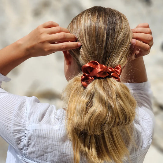 Burnt Orange Scrunchie Styled in a Ponytail