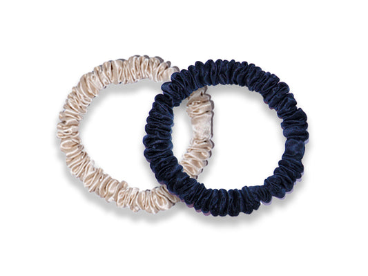 Navy Blue & Champagne Skinny Silk Hair Ties - Silk Hairbands