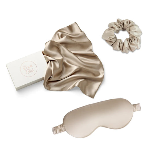 Champagne Silk Pillowcase Gift Set Bundle With Sleep Mask & Scrunchie