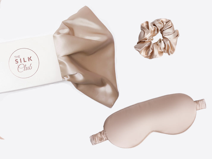 Champagne Silk Pillowcase Gift Set With Silk Scrunchie & Silk Eye Mask