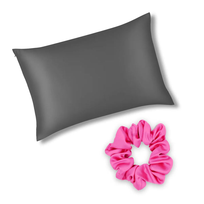 Charcoal Grey Silk Pillowcase & Flamingo Pink Scrunchie Gift Set Bundle