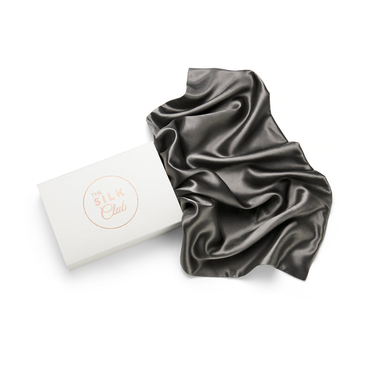 Charcoal Grey Silk Pillow Close-up and Gift Box