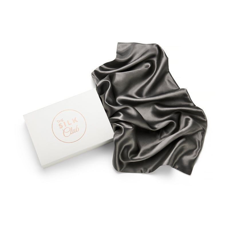 Charcoal Grey Silk Pillow Close-up and Gift Box