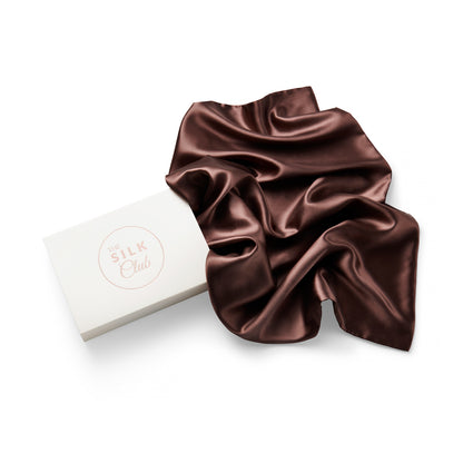 Chocolate Brown Silk Pillowcase Coming Out of Gift Box