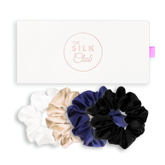 White, Champagne, Navy and Black Silk Scrunchie Gift Set with Gift Box