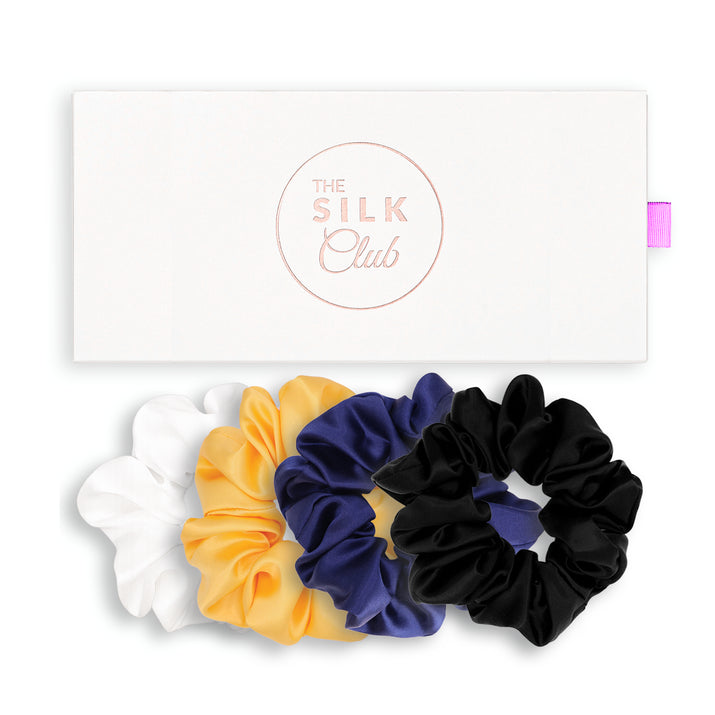 White, Yellow, Navy and Black Silk Scrunchie Gift Set with Gift Box