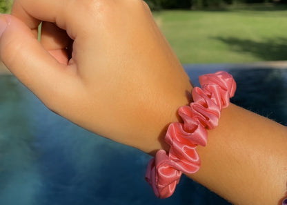 Coral Pink Midi Silk Scrunchie On Moel's Wrist