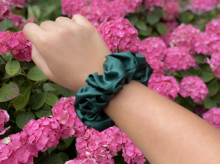 Dark Green large scrunchie made from 22 momme mulberry silk