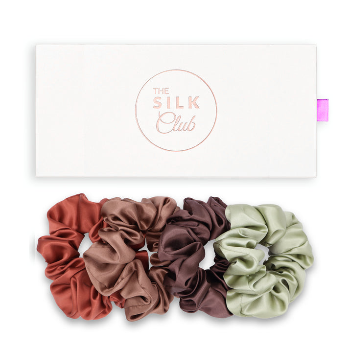 Burnt Orange, Toffee, Chocolate Brown and Olive Green Silk Scrunchie Gift Set with Gift Box