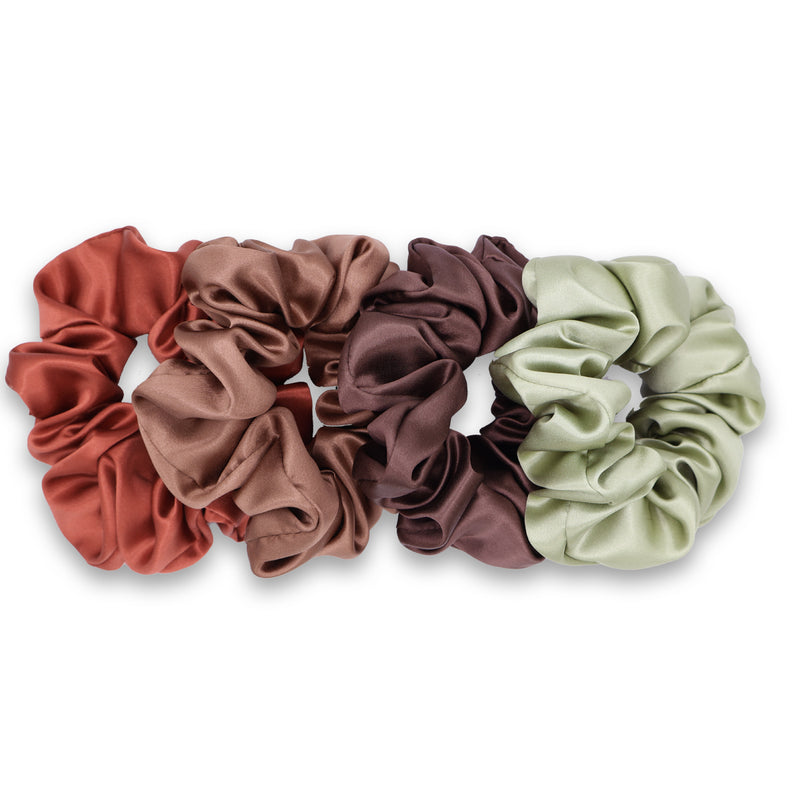 Earth Shades Silk Scrunchie Gift Set with Burnt Orange, Toffee, Chocolate Brown and Olive Green