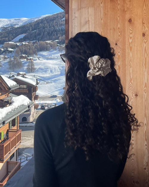 Half-up hairstyle with Large Champagne Silk Scrunchie - Curly Scrunchie Hairstyle Ideas