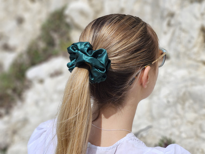 Emerald Green Large Oversized Silk Hair Scrunchie - Styled In A Ponytail