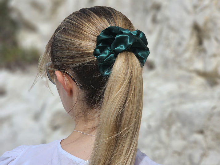 Large Emerald Green Statement Silk Scrunchie Styled In A Ponytail - Scrunchie Hairstyles