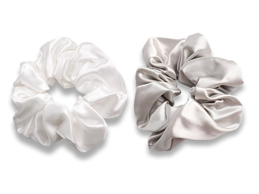 The Silk Club Large White/Light Grey Silk Scrunchies - Set of 2