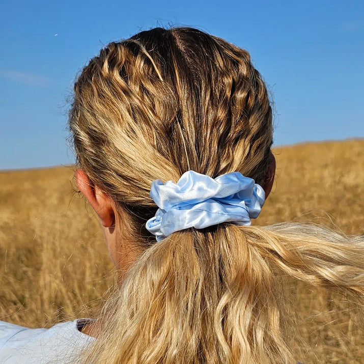Light Coastal Blue Scrunchie Styled In a Ponytail