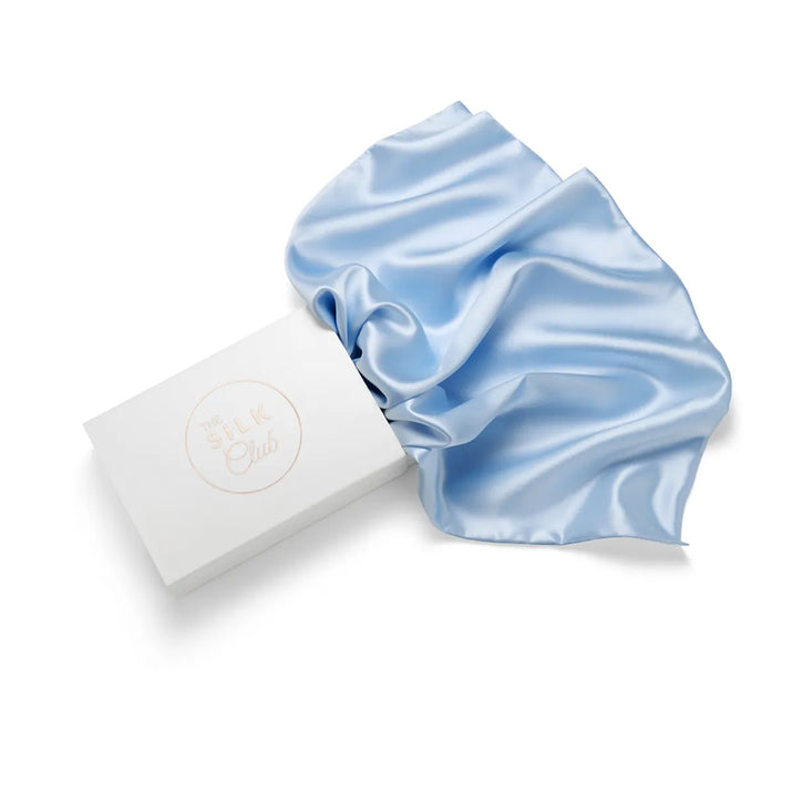 Coastal Blue Silk Pillow and Gift Box Close-Up - Pastel Blue Silk Pillowcase