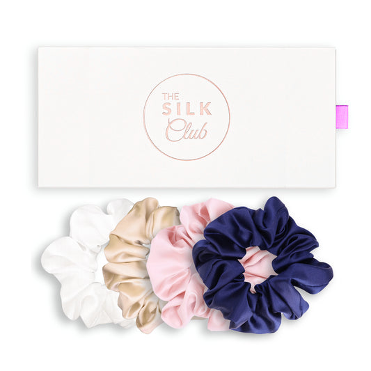 White, Champagne, Pink and Navy Silk Scrunchie Gift Set With Gift Box