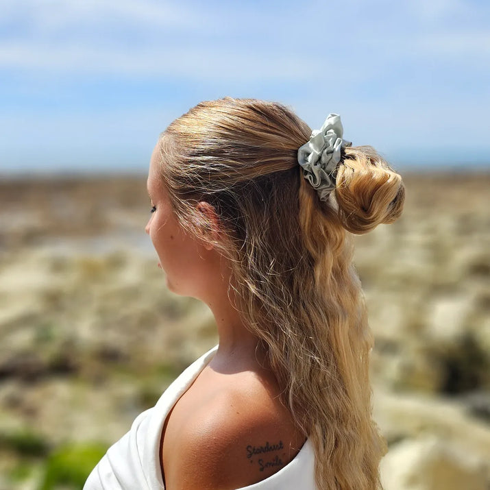 Hair Styled in Half-Up, Half-Down Style with Mint Green Silk Scrunchie