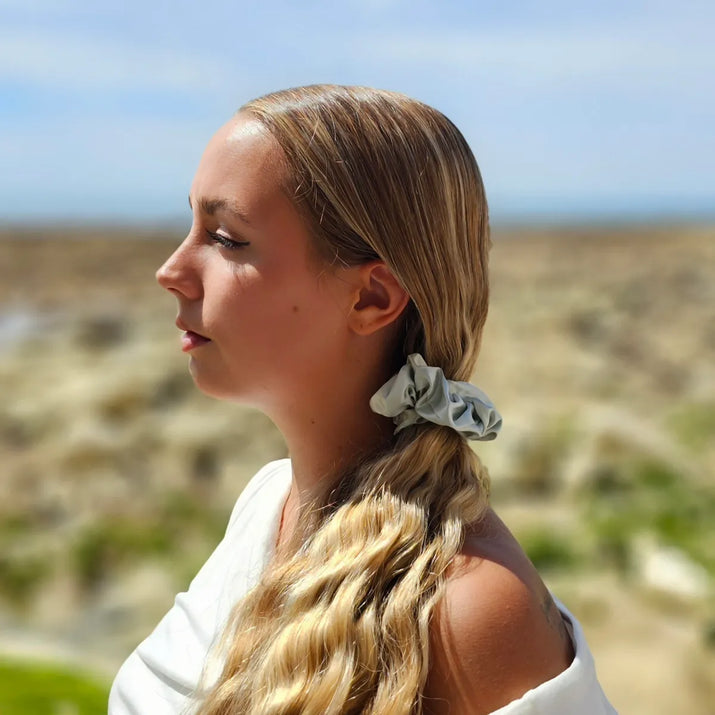 Long Ponytail Styled With Mint Green Scrunchie