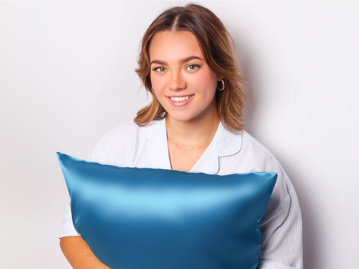 Model Holding Azure Blue Mulberry Silk Pillowcase