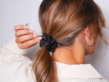 Model Wearing Low Ponytail With Midi Silk Scrunchie - Silk Hair Accessories