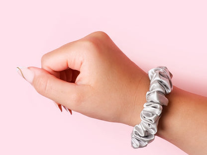 Model Wearing Silver Small Silk Scrunchie On Wrist