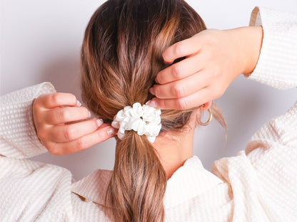 Model Wearing Low Ponytail With White Midi Silk Scrunchie - Silk Hair Scrunchies