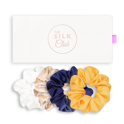 White, Champagne, Navy and Yellow Silk Scrunchie Gift Set With Gift Box