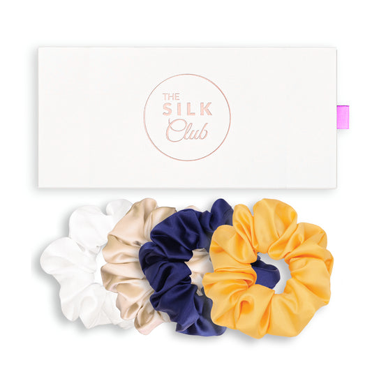 White, Champagne, Navy and Yellow Silk Scrunchie Gift Set With Gift Box