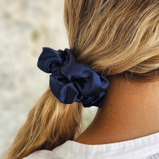 Navy Blue Scrunchie Styled in a Polytail - Close Up